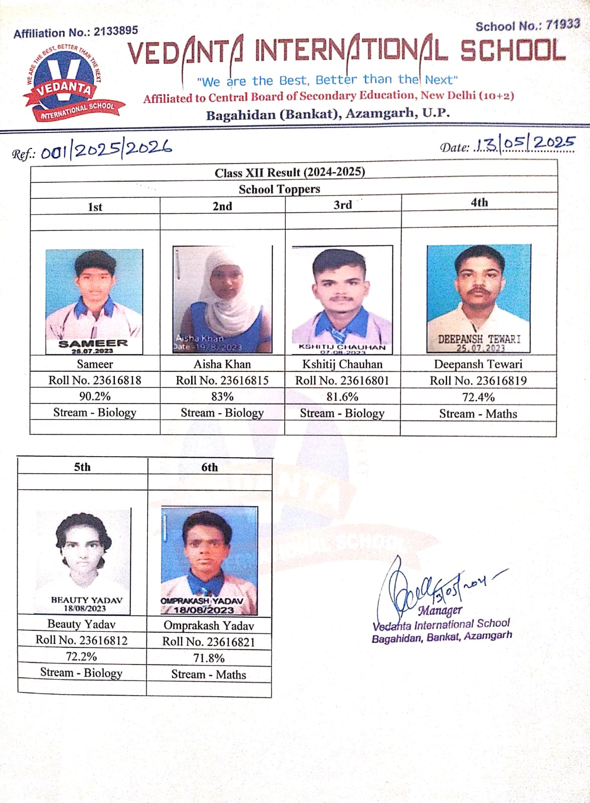 IMG-20250513-WA0028 CBSE बोर्ड परिणाम घोषित — वेदांता इंटरनेशनल स्कूल बनकट ने लहराया परचम